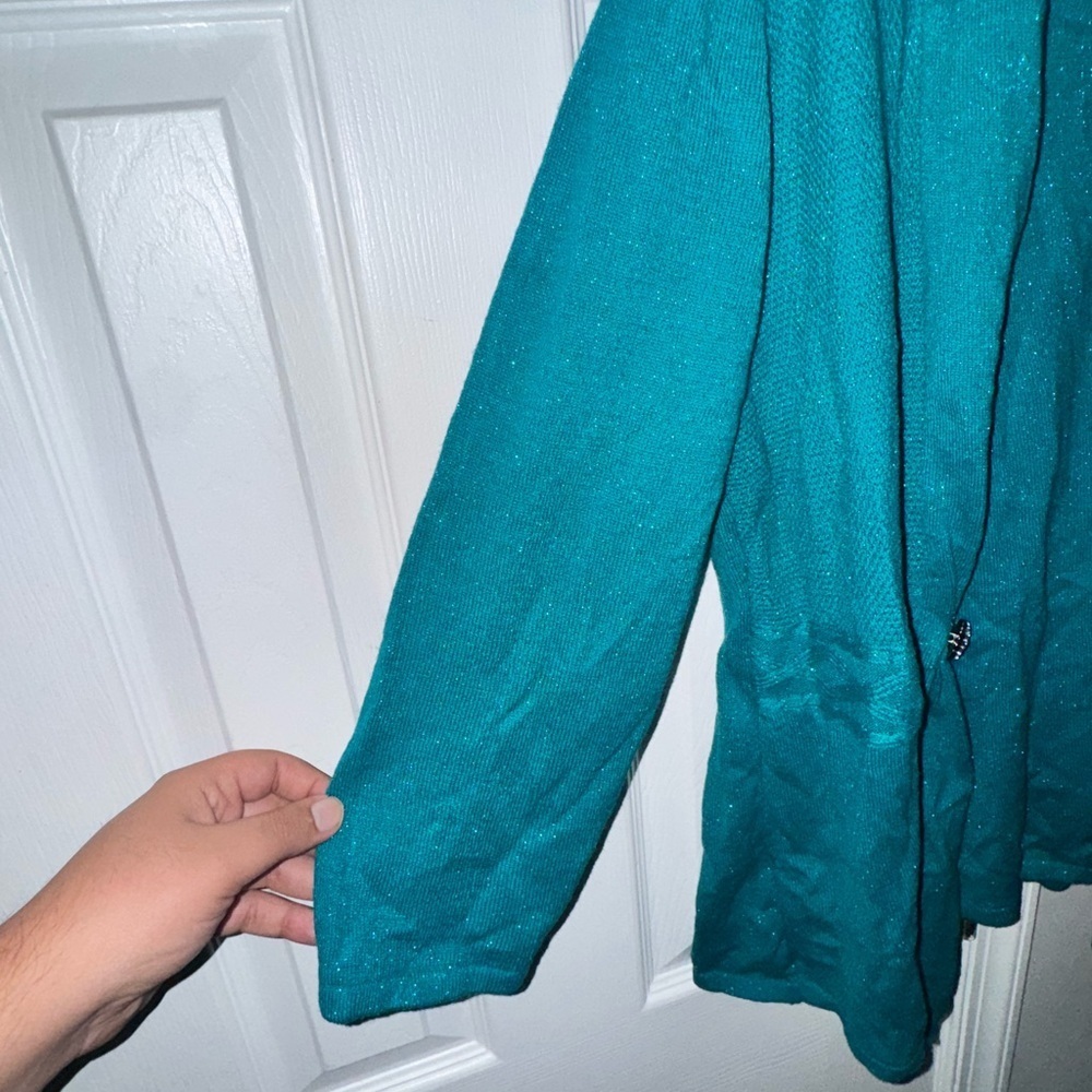 Sag Harbor Women's L Aquamar Teal Metallic Cardigan Top Rhinestone Accent NWT - Picture 10 of 16